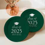 Modern Class of 2025 Script Green Graduation Paper Plate<br><div class="desc">Add a personalized touch to your graduation party with these modern graduation paper plates! The paper plates feature a graduation cap at the top of the design with "Class of 2025" displayed in bold white lettering on a green background. Personalize the green graduation plates with the graduate's name, school, and...</div>