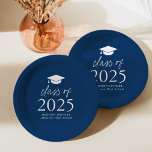 Modern Class of 2025 Script Navy Blue Graduation Paper Plate<br><div class="desc">Add a personalized touch to your graduation party with these modern graduation paper plates! The paper plates feature a graduation cap at the top of the design with "Class of 2025" displayed in bold white lettering on a navy blue background. Personalize the navy graduation plates with the graduate's name, school,...</div>