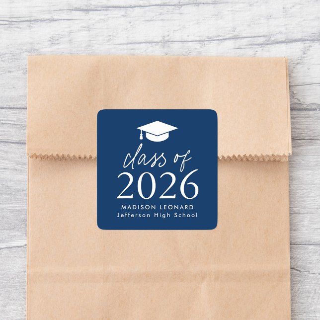 Modern Class of 2025 Script Navy Graduation Square Sticker (Creator Uploaded)