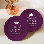 Modern Class of 2025 Script Purple Graduation Paper Plate<br><div class="desc">Add a personalized touch to your graduation party with these modern graduation paper plates! The paper plates feature a graduation cap at the top of the design with "Class of 2025" displayed in bold white lettering on a purple background. Personalize the purple graduation plates with the graduate's name, school, and...</div>