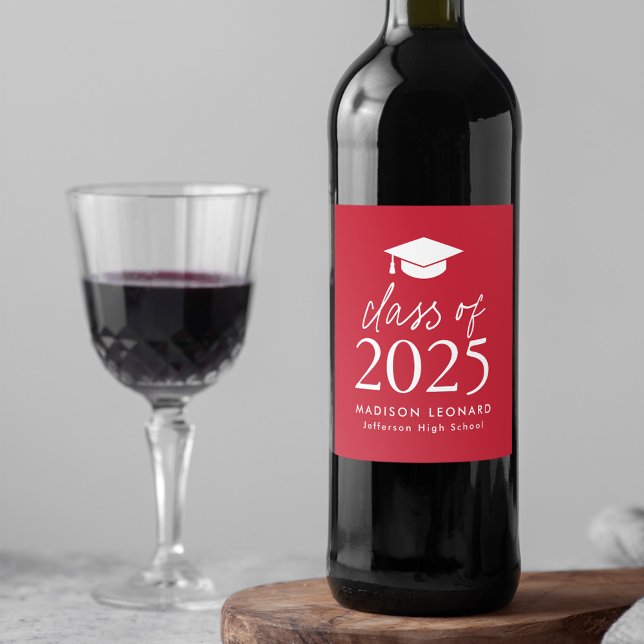 Modern Class of 2025 Script Red Graduation Wine Label (Creator Uploaded)