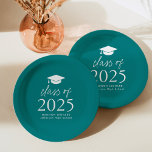 Modern Class of 2025 Script Teal Graduation Paper Plate<br><div class="desc">Add a personalized touch to your graduation party with these modern graduation paper plates! The paper plates feature a graduation cap at the top of the design with "Class of 2025" displayed in bold white lettering on a teal background. Personalize the teal graduation plates with the graduate's name, school, and...</div>