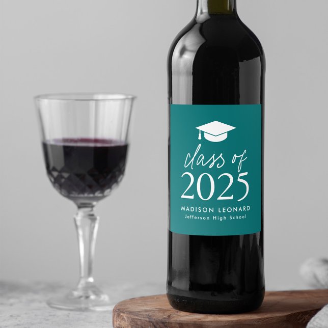 Modern Class of 2025 Script Teal Graduation Wine Label (Creator Uploaded)