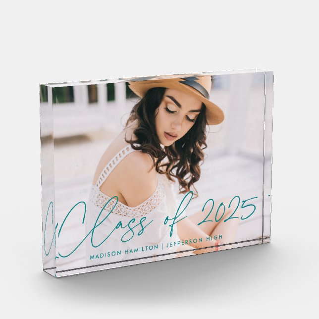 Modern Class of 2025 Teal Script Graduation Photo Block (Left)