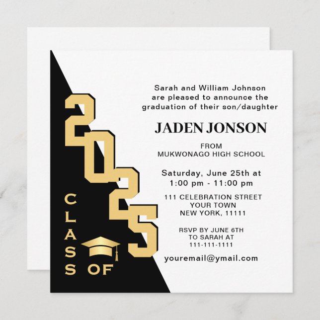Modern Class of 2025 White Black Graduation Party Invitation (Front/Back)