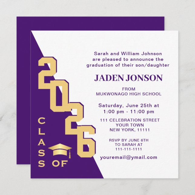 Modern Class of 2026 Gold Purple Graduation Party Invitation (Front/Back)