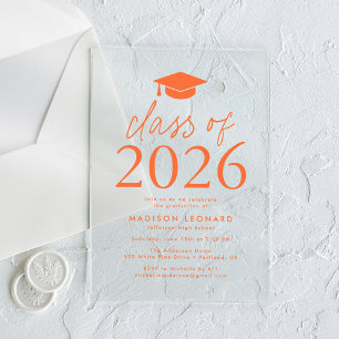 Modern Class of 2026 Orange Graduation Party Acrylic Invitations
