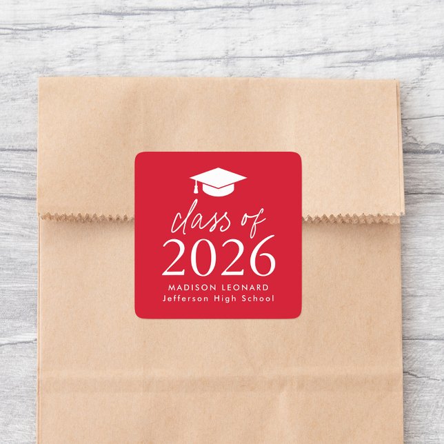 Modern Class of 2026 Script Red Graduation Square Sticker (Creator Uploaded)
