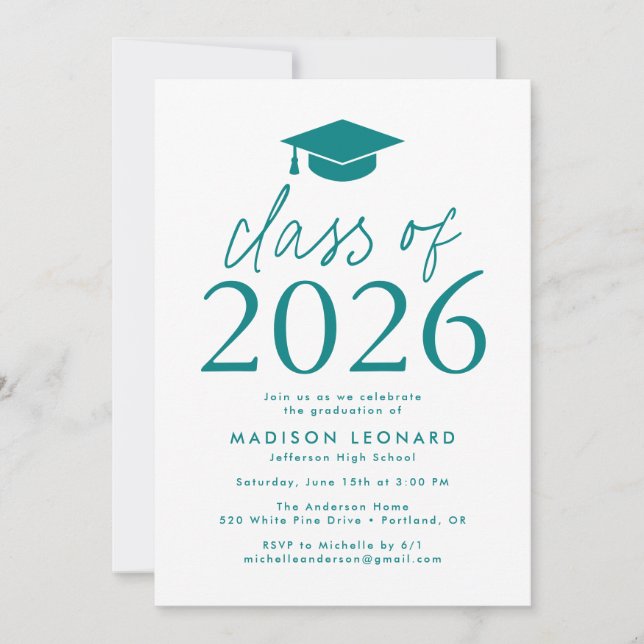 Modern Class of 2026 Teal Graduation Party Invitation (Front)
