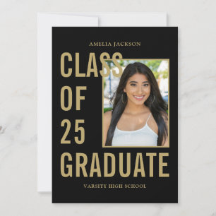 Modern Class Of 25 Black & Gold Graduation Party Invitation