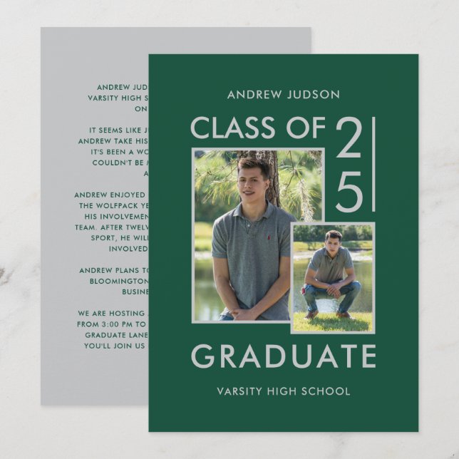 Modern Class Of 25 Green Silver 2 Photo Open House Invitation (Front/Back)