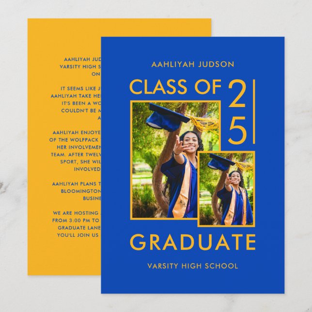 Modern Class Of 25 Royal Blue 2 Photos Open House Invitation (Front/Back)