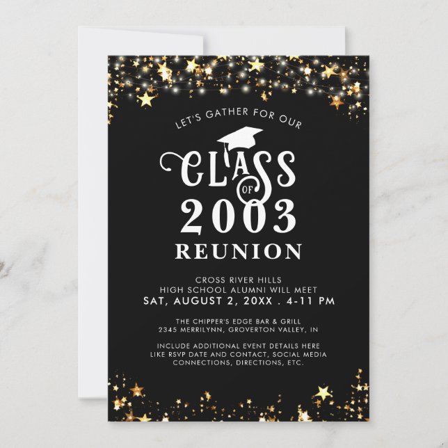 Modern Class Reunion Black Gold Stars Lights Invitation (Front)
