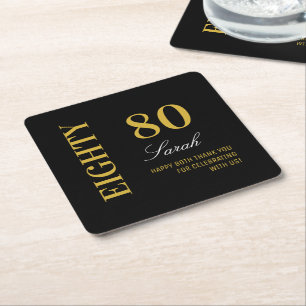 Modern Classic Black 80th Birthday Cocktail Party Square Paper Coaster