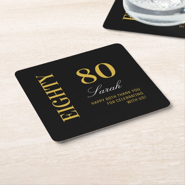 Modern Classic Black 80th Birthday Cocktail Party  Square Paper Coaster (Angled)