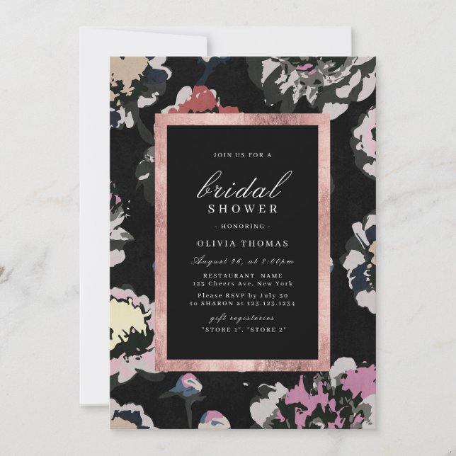 Modern classic black abstract floral Bridal Shower Invitation (Front)