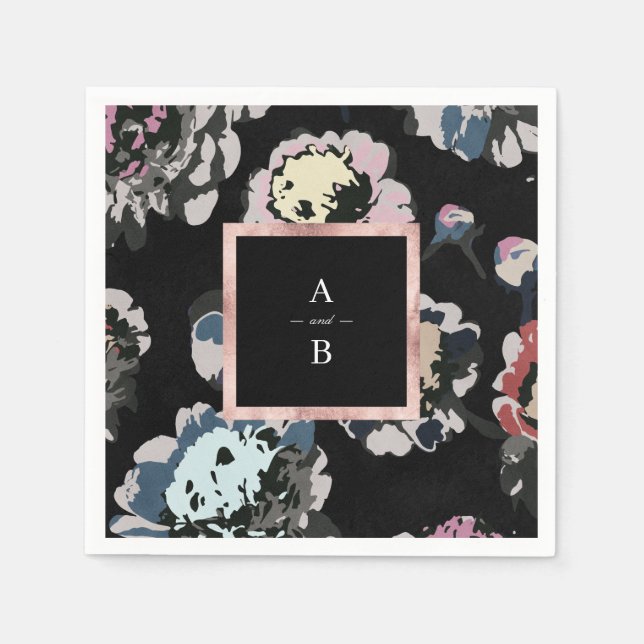 Modern classic black abstract floral monogram napkin (Front)