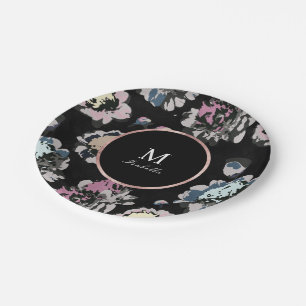 Modern classic black abstract floral monogram paper plate