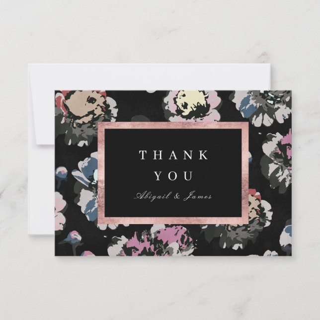 Modern classic black abstract floral  thank you ca card (Front)