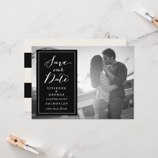 Modern Classic Black Box Plate Photo Save The Date Invitation (Front/Back In Situ)