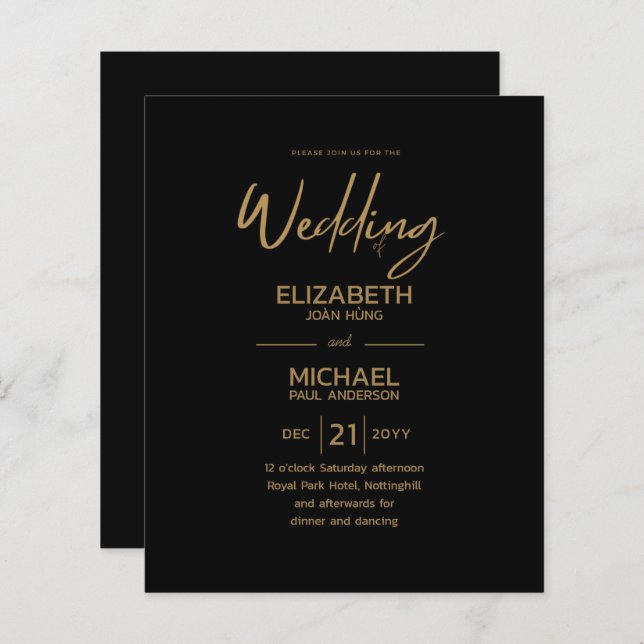 Modern Classic Black Gold Budget Wedding Invites (Front/Back)