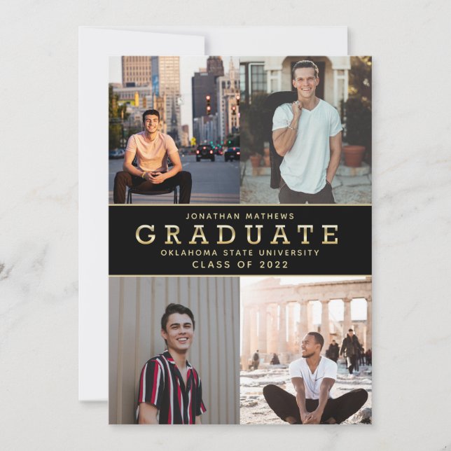 Modern Classic Black Gold Photo Graduation Announcement (Front)