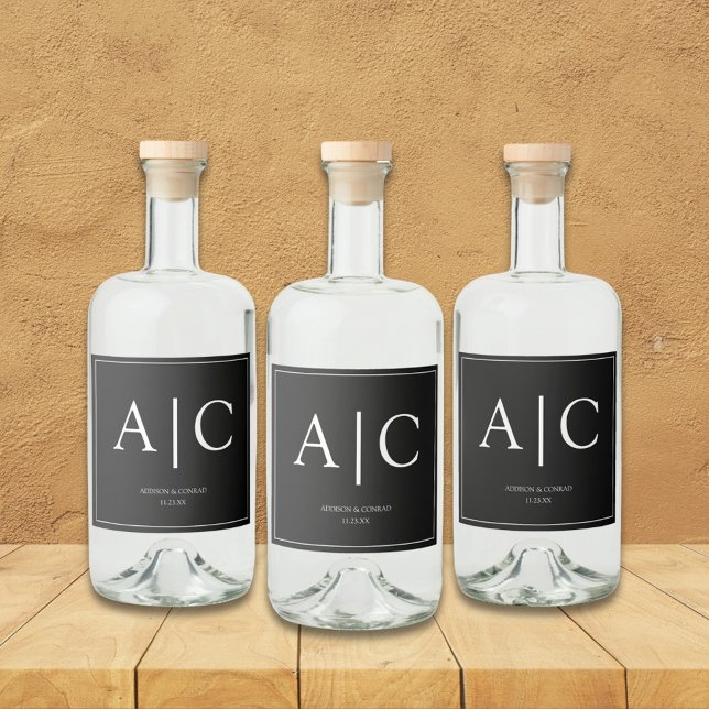  Modern Classic Black Monogram Wedding Liquor Bottle Label (Creator Uploaded)