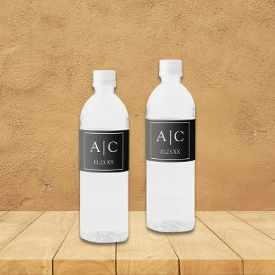 Modern Classic Black Monogram Wedding Water Bottle Label