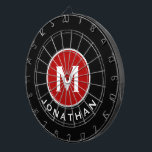 Modern Classic Black Red Monogram Name Dartboard<br><div class="desc">Modern black dart board with red monogram medallion,  classic block typography initial and name in white. Personalize with name and initial.</div>