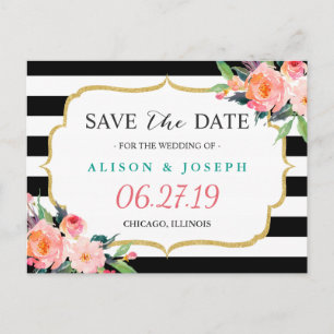 Modern Classic Black Stripes Floral Save the Date Announcement Postcard