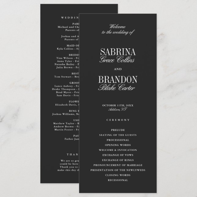 Modern Classic Black Wedding Ceremony Program (Front/Back)