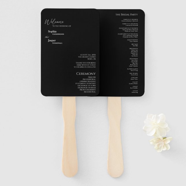 Modern Classic Black Wedding Program Fan (Front and Back)