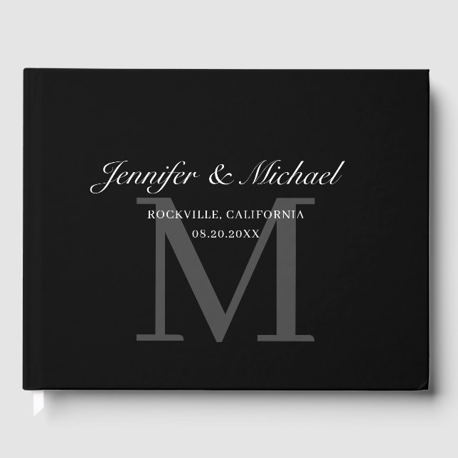 Modern Classic Black White Monogram Guest Book (Front)
