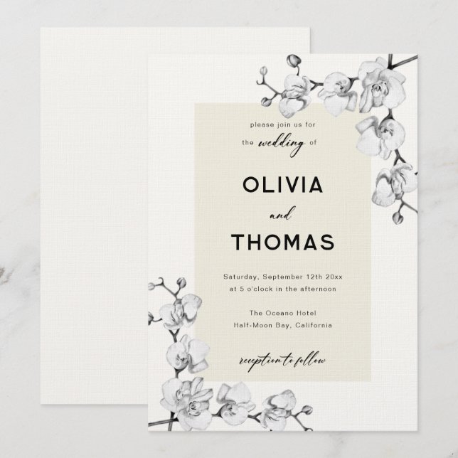 Modern Classic Black White Orchids Frame Wedding Invitation (Front/Back)