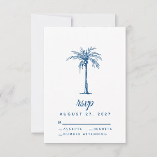 Modern Classic Blue Palm Tropical Beach Wedding RSVP Card