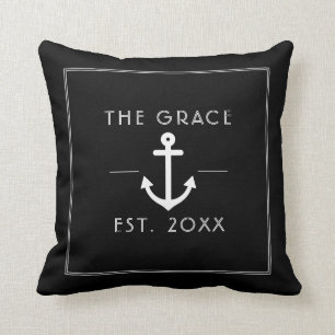 Modern Classic Boat Name Nautical Black Throw Pillow