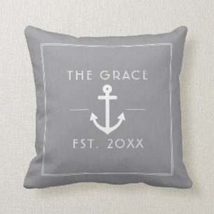 Modern Classic Boat Name Nautical Gray Throw Pillow