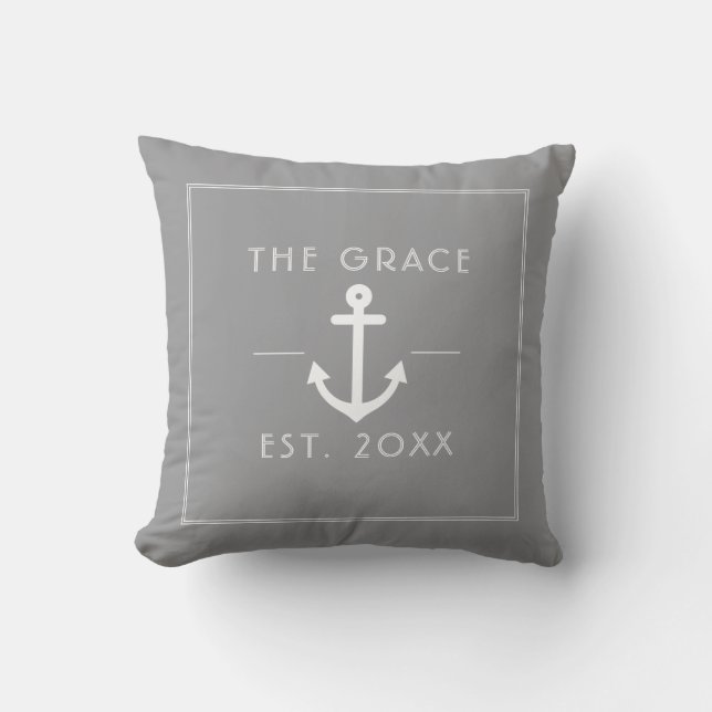 Modern Classic Boat Name Nautical Grey Throw Pillow (Front)