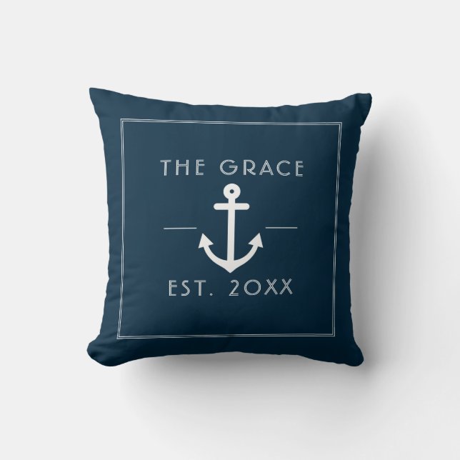 Modern Classic Boat Name Nautical Navy Throw Pillow (Front)
