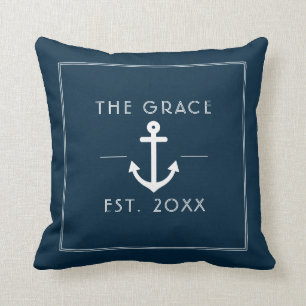 Modern Classic Boat Name Nautical Navy Throw Pillow
