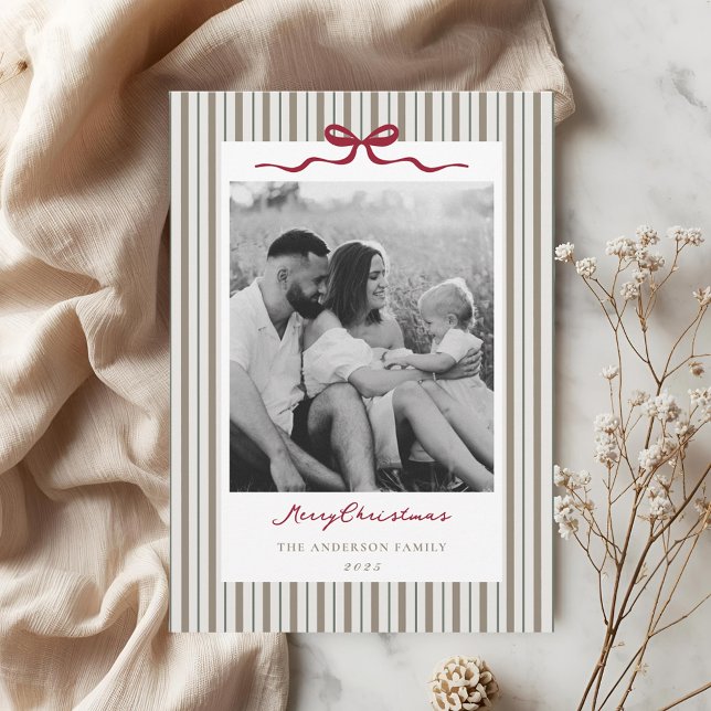 Modern Classic Bow and Stripes Two Sided Photo Holiday Card (Creator Uploaded)