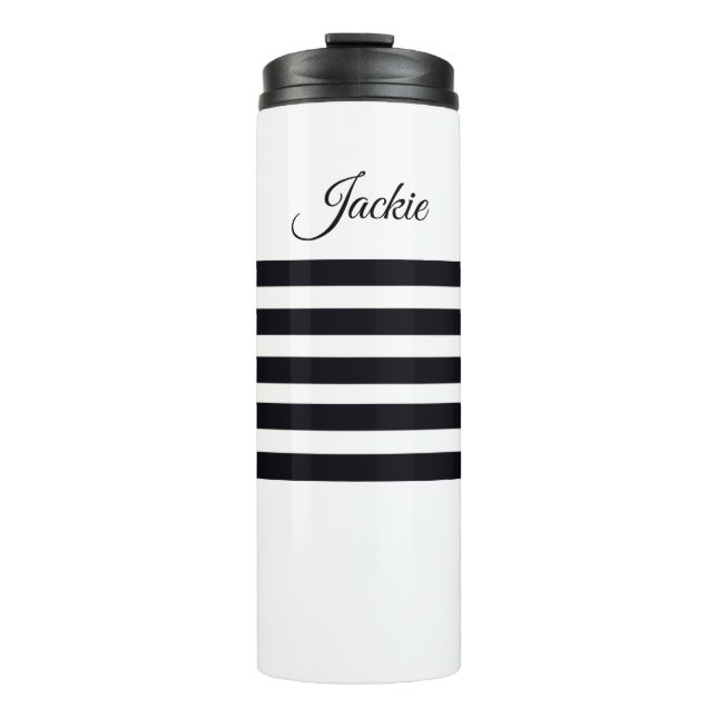 Modern Classic Custom Script White & Black Stripes Thermal Tumbler (Front)