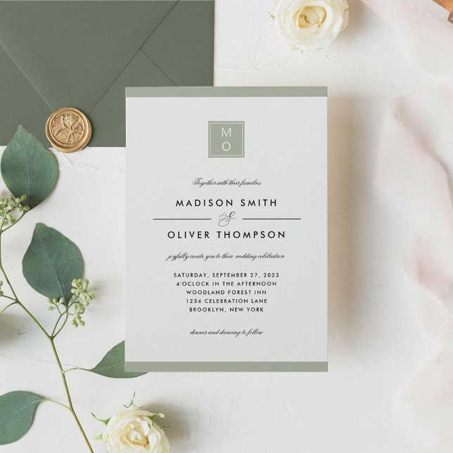 Modern Classic Elegant Sage Green Monogram Wedding Invitation (Creator Uploaded)