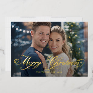 Modern Classic Elegant Script Photo Christmas Foil Holiday Card