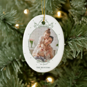 Modern Classic Frame 2 Photo Christmas Holiday Ceramic Ornament