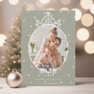 Modern Classic Frame Neutral Happy Holidays Photo Holiday Card