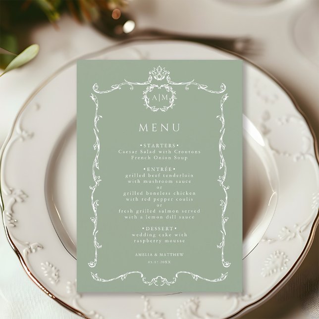 Modern Classic French Frame Sage Green Wedding  Menu (Creator Uploaded)
