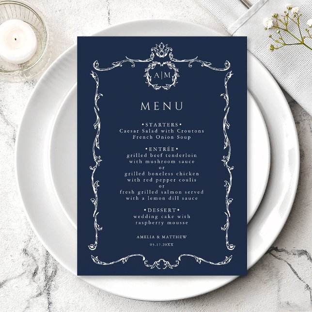 Modern Classic French Frame Wedding Navy Blue Menu (Creator Uploaded)