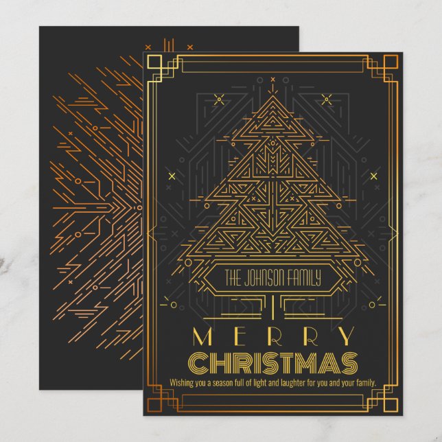 Modern Classic Gold Black Geometric Christmas Tree Holiday Card (Front/Back)