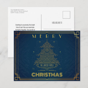 Modern Classic Gold Blue Geometric Christmas Tree Holiday Postcard